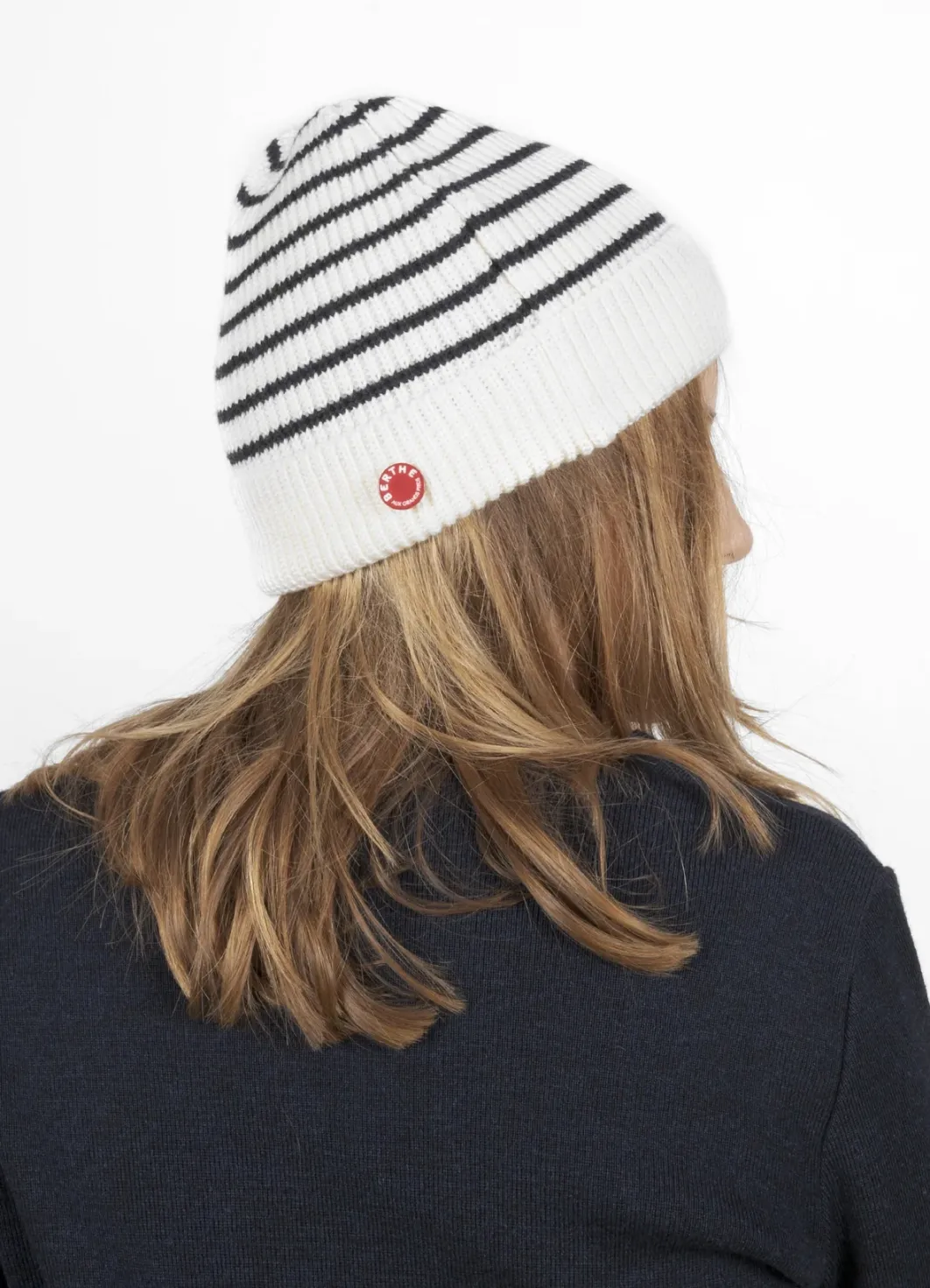 New Berthe Aux Grands Pieds Bonnet mixte Ecru Rayé Marine en pure laine merinos