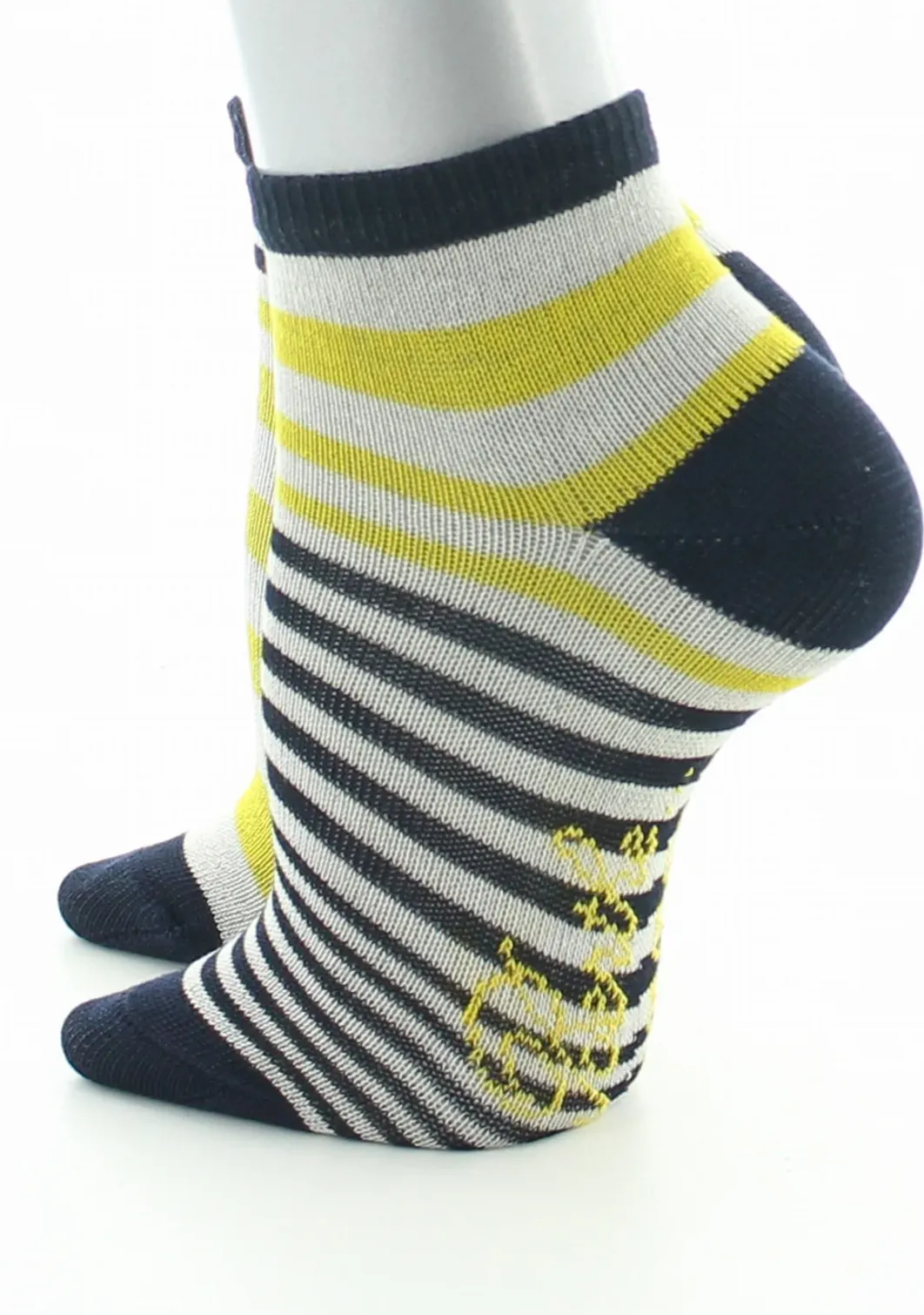 Clearance Berthe Aux Grands Pieds Chaussettes bébé coton fil d'Ecosse rayures marine, jaune et ivoire
