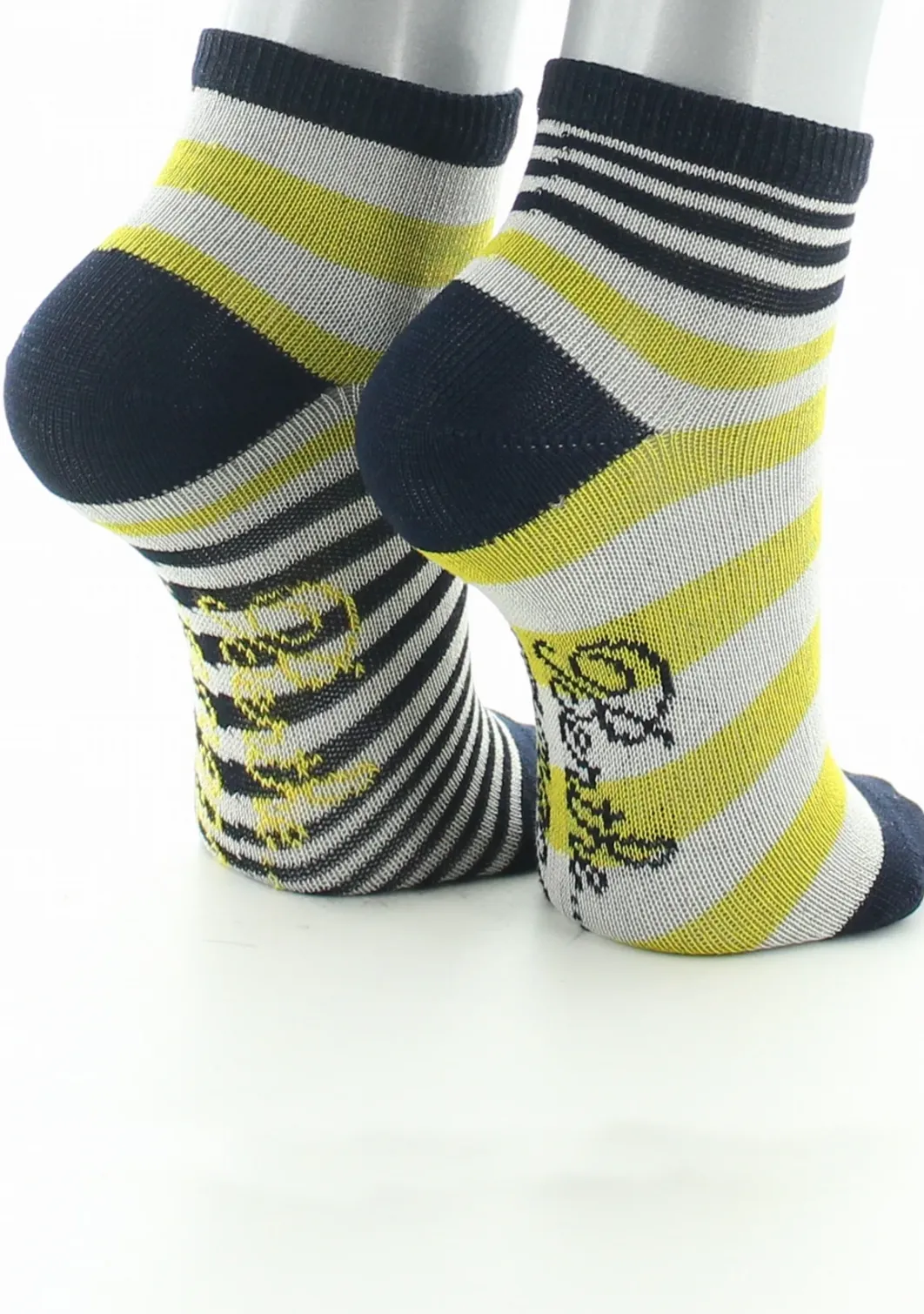 Clearance Berthe Aux Grands Pieds Chaussettes bébé coton fil d'Ecosse rayures marine, jaune et ivoire