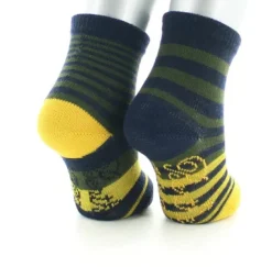 Hot Berthe Aux Grands Pieds Chaussettes bébé laine peignée rayures asymétriques bleu marine, kaki et jaune
