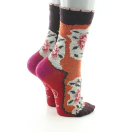 Fashion Berthe Aux Grands Pieds Chaussettes bébé laine peignée fleurs sur fond orange et bordeaux