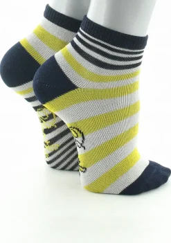 Hot Berthe Aux Grands Pieds Chaussettes enfant coton fil d'Ecosse rayures marine, jaune et ivoire