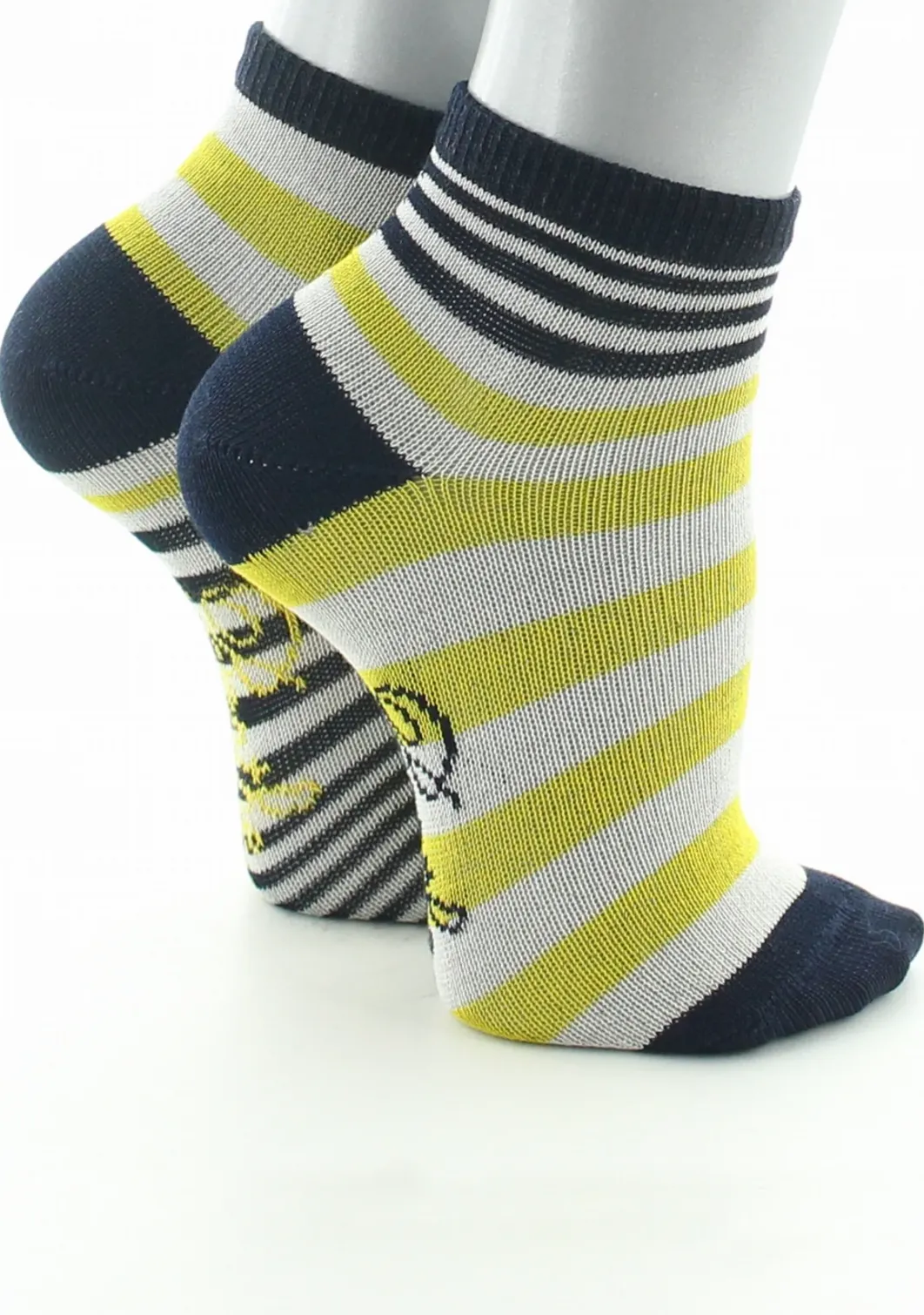 Hot Berthe Aux Grands Pieds Chaussettes enfant coton fil d'Ecosse rayures marine, jaune et ivoire