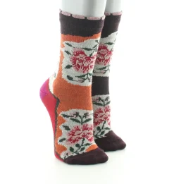 Hot Berthe Aux Grands Pieds Chaussettes enfant laine peignée fleurs sur fond orange et bordeaux