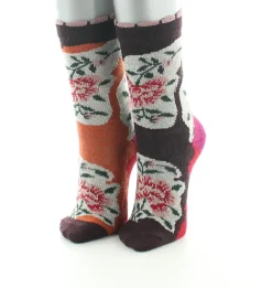 Hot Berthe Aux Grands Pieds Chaussettes enfant laine peignée fleurs sur fond orange et bordeaux
