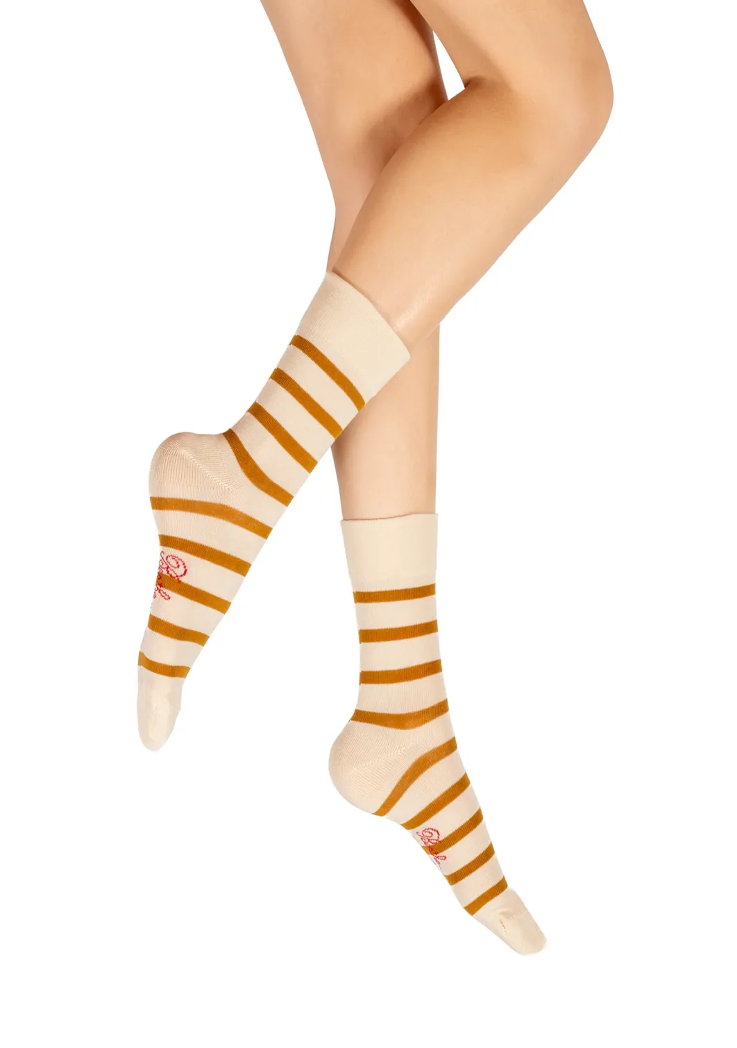 Outlet Berthe Aux Grands Pieds Chaussettes femme coton écru rayé moutarde