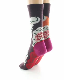 New Berthe Aux Grands Pieds Chaussettes femme laine peignée fleurs sur fond orange et bordeaux