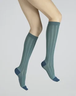 Sale Berthe Aux Grands Pieds Chaussettes Hautes en Soie Turquoise - Talon et pointe Bleu Indigo