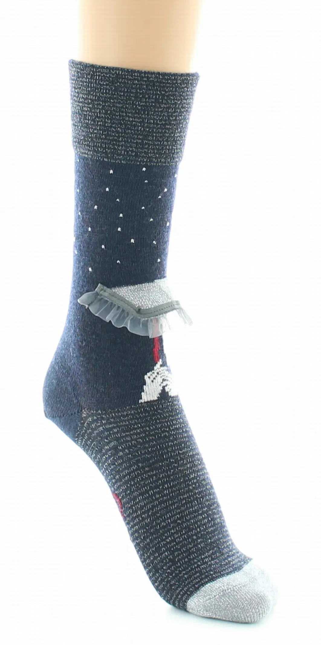 Fashion Berthe Aux Grands Pieds Chaussettes Originales Femme Au Parapluie Marine Et Argent