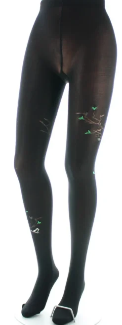New Berthe Aux Grands Pieds Collants 40D Arbre noir et Oiseaux verts