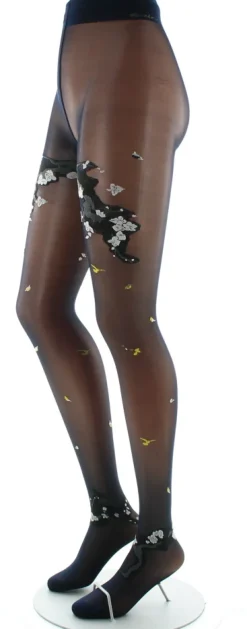Discount Berthe Aux Grands Pieds Collants fleurs japonaises Marine et Beige