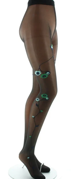 Discount Berthe Aux Grands Pieds Collants Fleurs Vertes et Bleues fond Noir