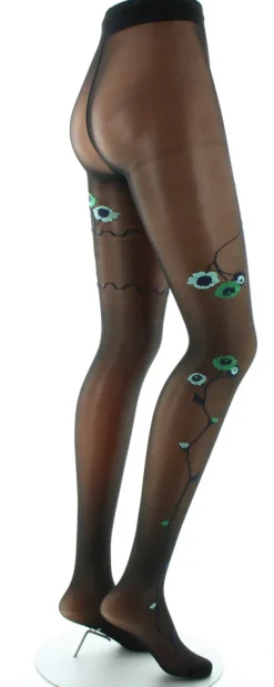 Discount Berthe Aux Grands Pieds Collants Fleurs Vertes et Bleues fond Noir