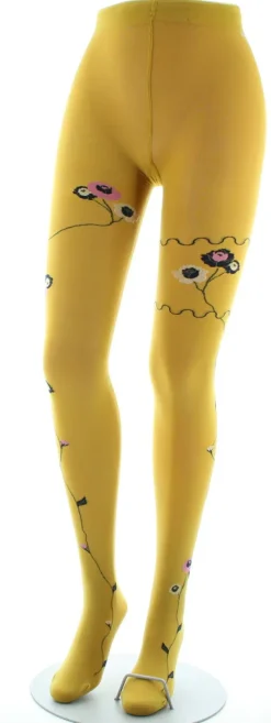Hot Berthe Aux Grands Pieds Collants ocre semi-opaque à fleurs roses et beige
