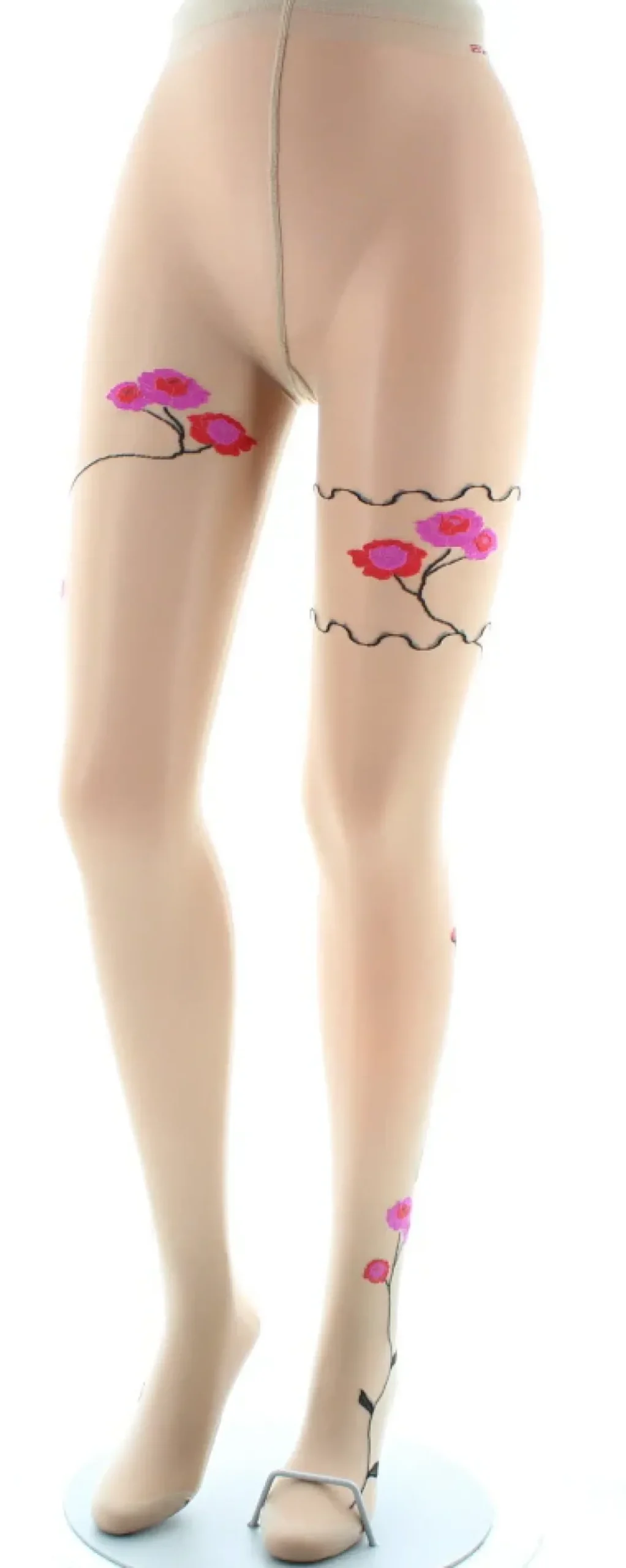 Hot Berthe Aux Grands Pieds Collants Tatoo Fleurs Roses et Rouge couleur chair