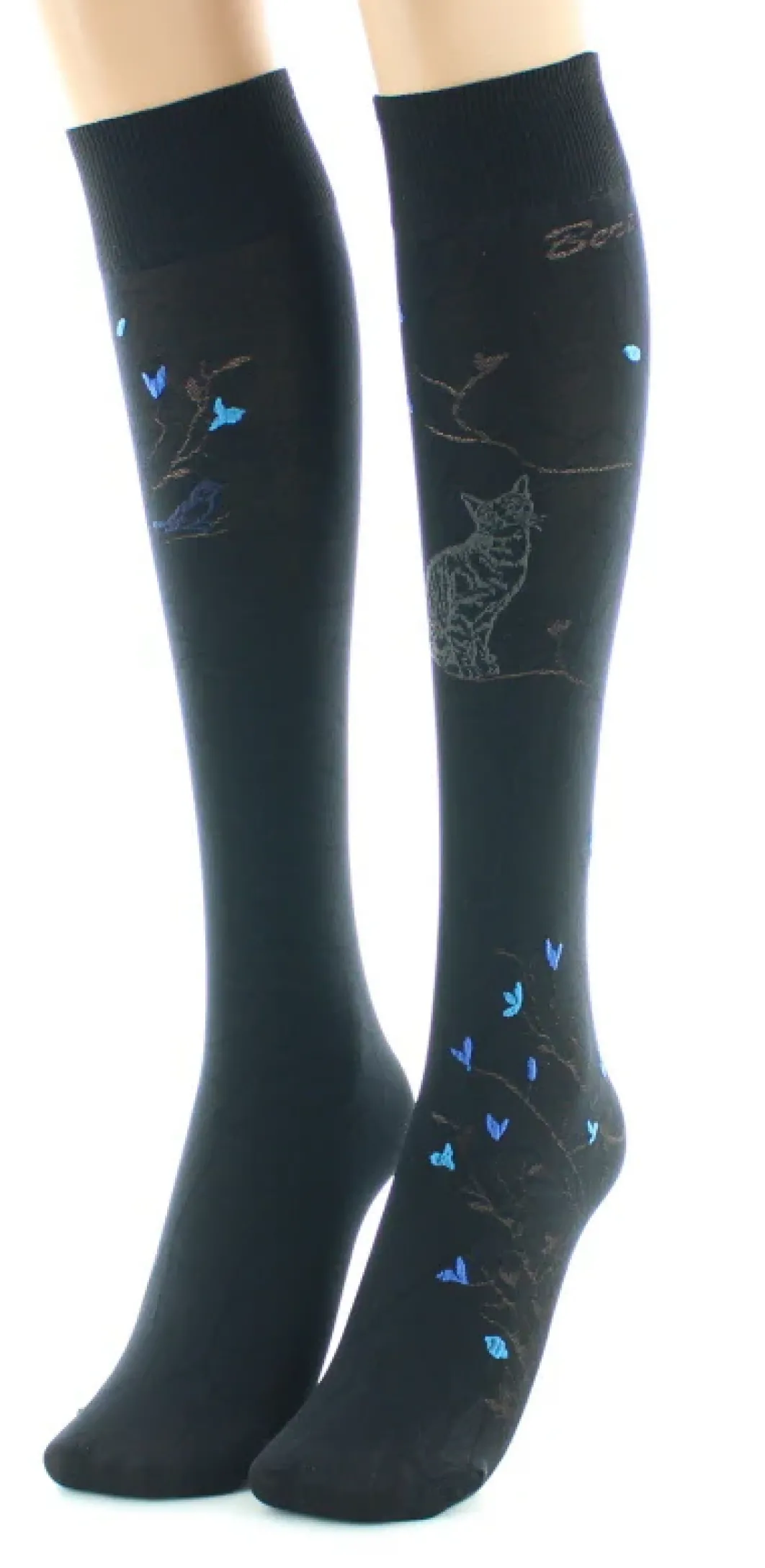 Fashion Berthe Aux Grands Pieds Mi-bas 40D Arbre noir et Oiseaux bleus