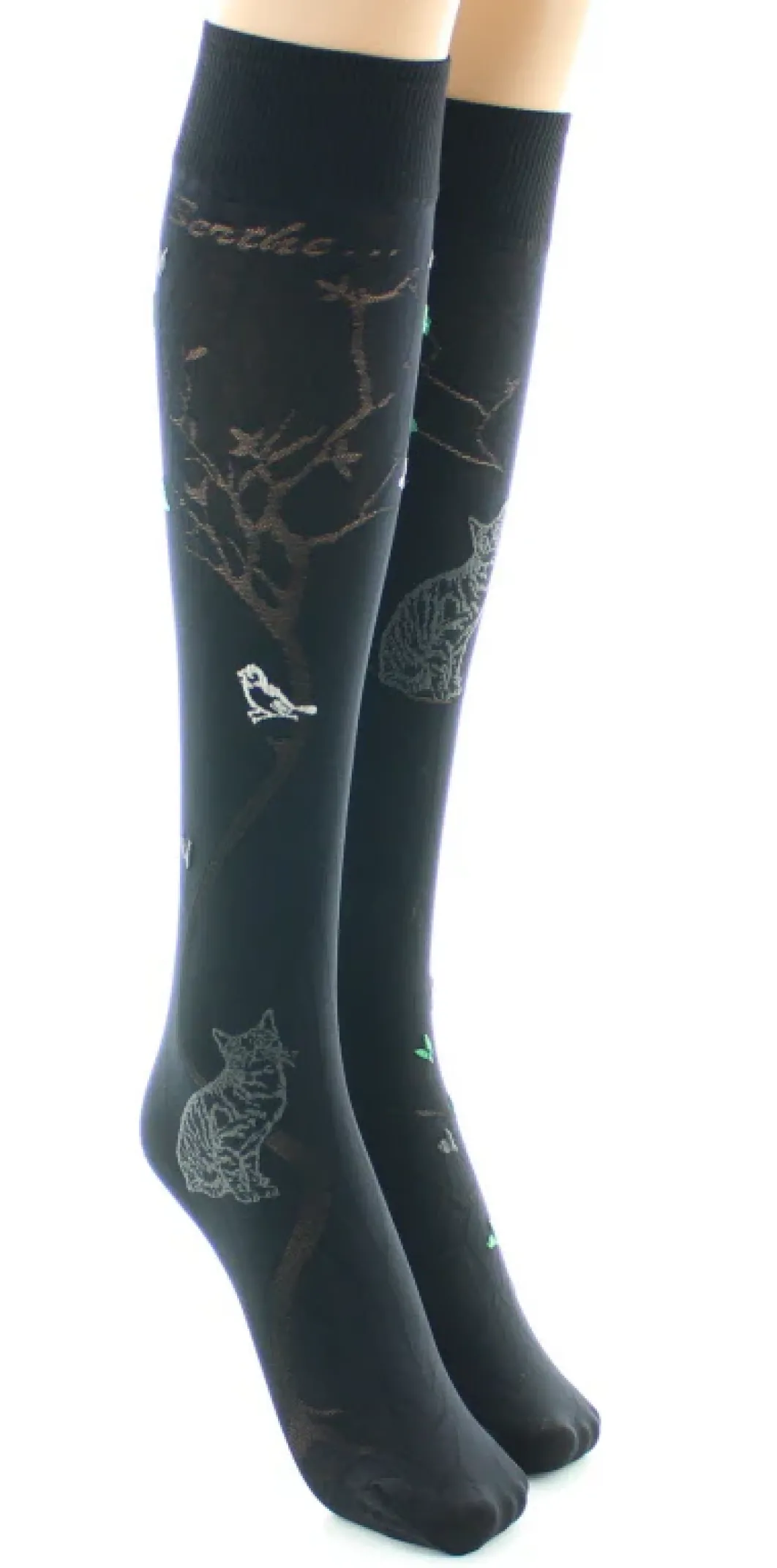 Clearance Berthe Aux Grands Pieds Mi-bas 40D Arbre noir et Oiseaux verts