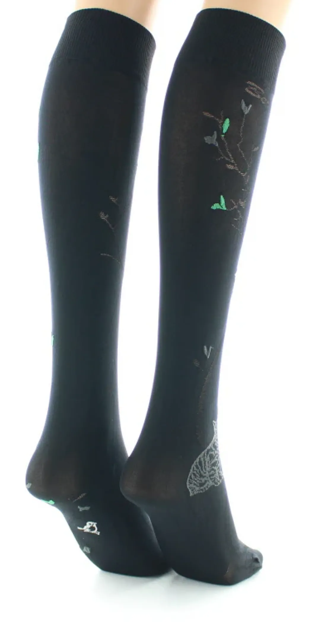 Clearance Berthe Aux Grands Pieds Mi-bas 40D Arbre noir et Oiseaux verts