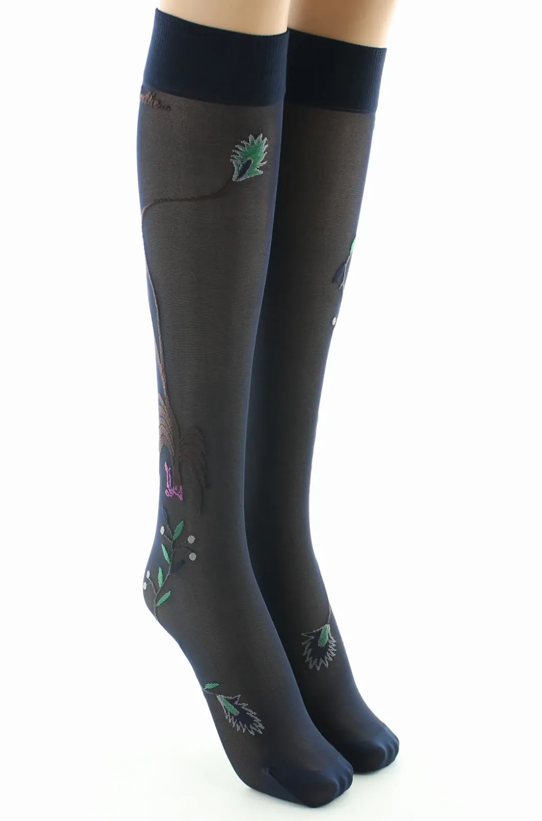 Clearance Berthe Aux Grands Pieds Mi-bas 30D femme marine oiseau marron et vert