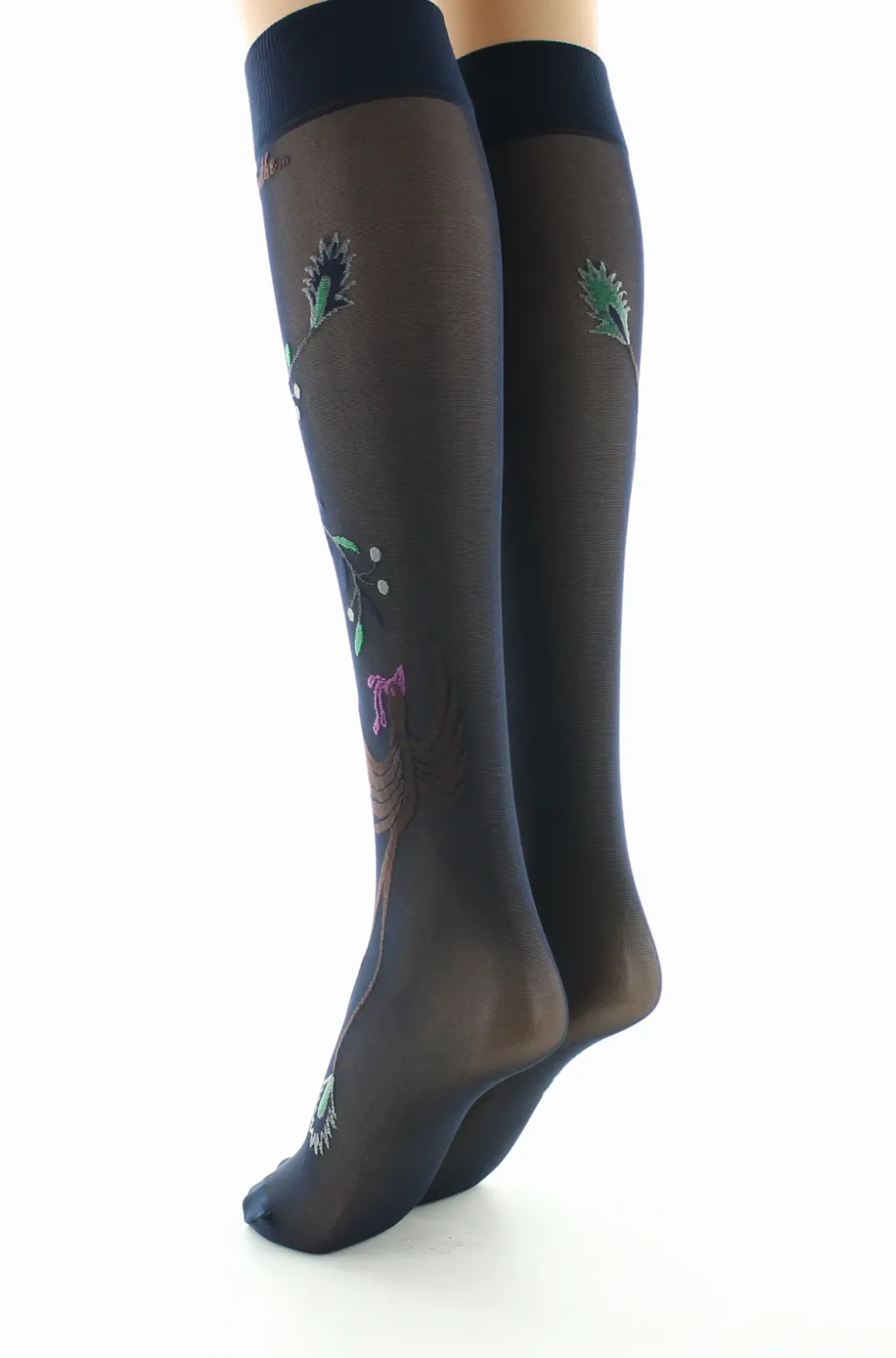 Clearance Berthe Aux Grands Pieds Mi-bas 30D femme marine oiseau marron et vert