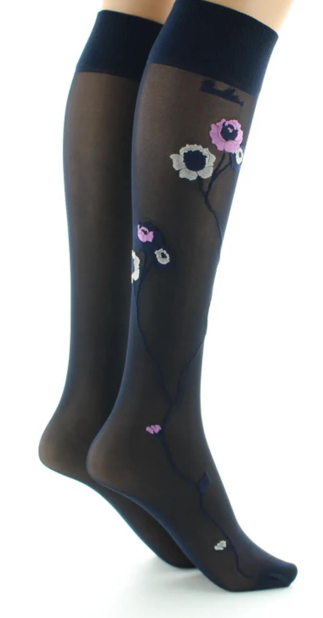 Fashion Berthe Aux Grands Pieds Mi-bas 30D marine Fleurs roses et beige