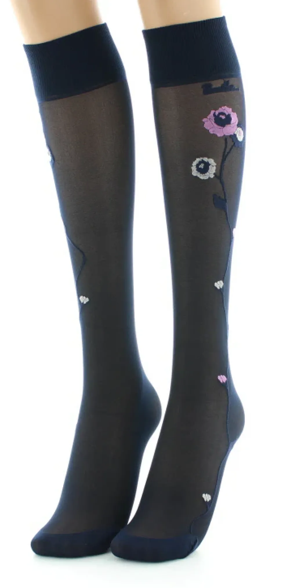 Fashion Berthe Aux Grands Pieds Mi-bas 30D marine Fleurs roses et beige