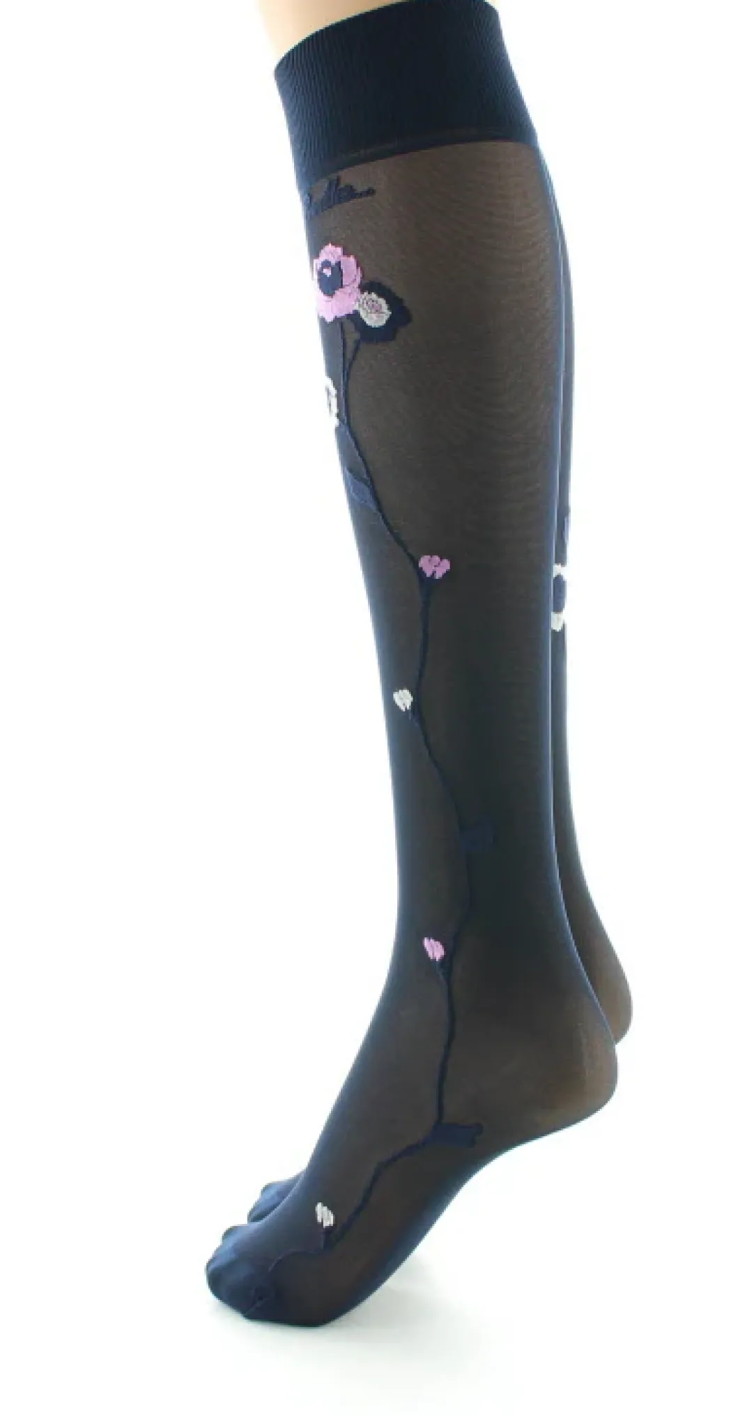 Fashion Berthe Aux Grands Pieds Mi-bas 30D marine Fleurs roses et beige