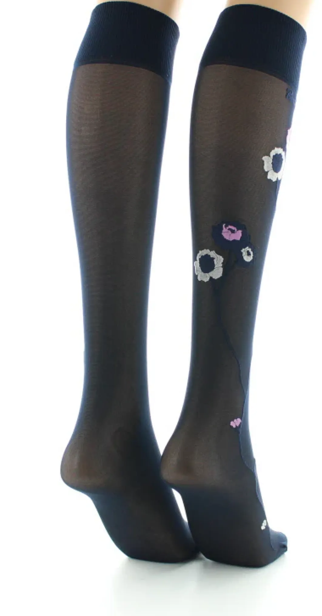 Fashion Berthe Aux Grands Pieds Mi-bas 30D marine Fleurs roses et beige
