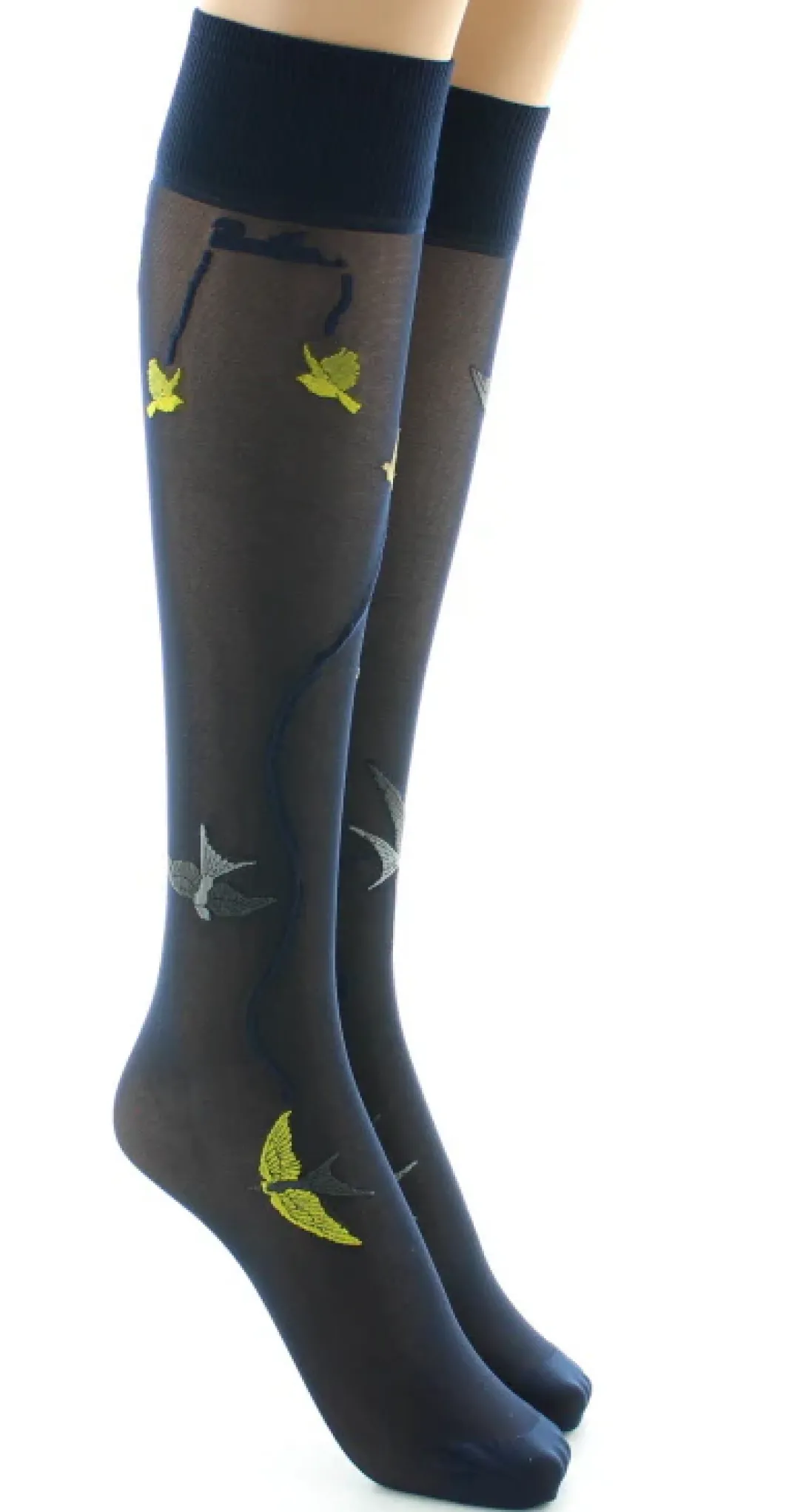 Clearance Berthe Aux Grands Pieds Mi-bas 30D marine Hirondelles jaunes
