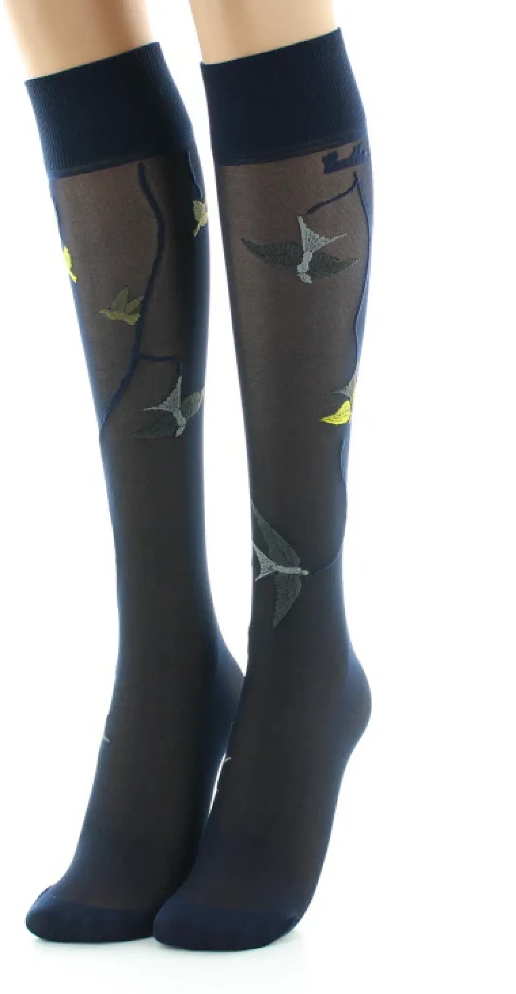 Clearance Berthe Aux Grands Pieds Mi-bas 30D marine Hirondelles jaunes
