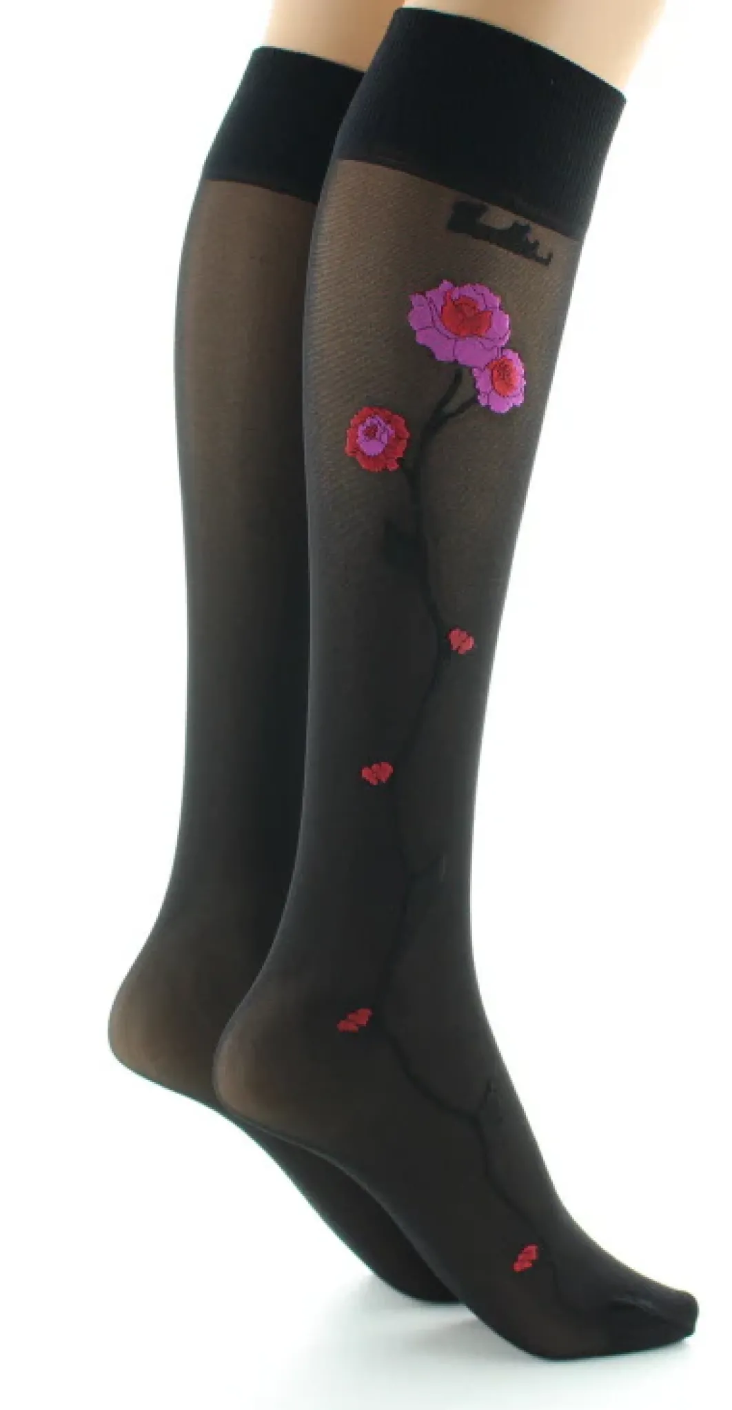 Discount Berthe Aux Grands Pieds Mi-bas 30D noir Fleurs roses et rouges