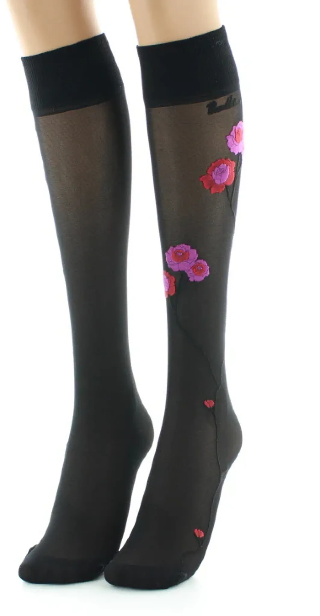 Discount Berthe Aux Grands Pieds Mi-bas 30D noir Fleurs roses et rouges