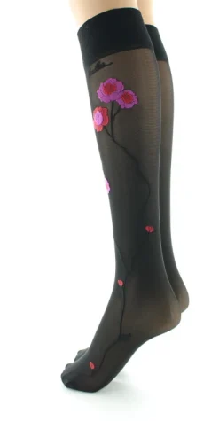 Discount Berthe Aux Grands Pieds Mi-bas 30D noir Fleurs roses et rouges