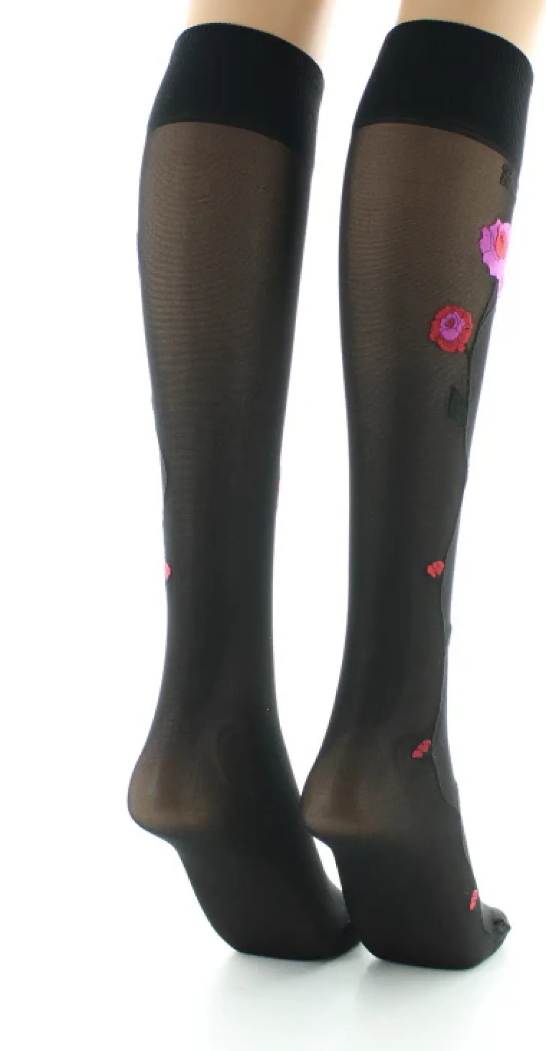 Discount Berthe Aux Grands Pieds Mi-bas 30D noir Fleurs roses et rouges