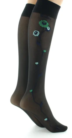 Hot Berthe Aux Grands Pieds Mi-bas 30D noir Fleurs vertes et bleues