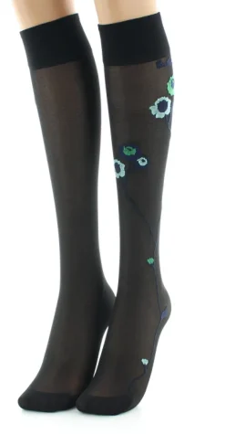 Hot Berthe Aux Grands Pieds Mi-bas 30D noir Fleurs vertes et bleues