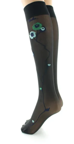 Hot Berthe Aux Grands Pieds Mi-bas 30D noir Fleurs vertes et bleues