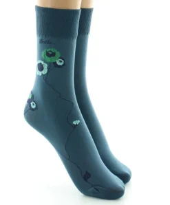 Outlet Berthe Aux Grands Pieds Mi-chaussettes 40D pétrole Fleurs vertes et bleues