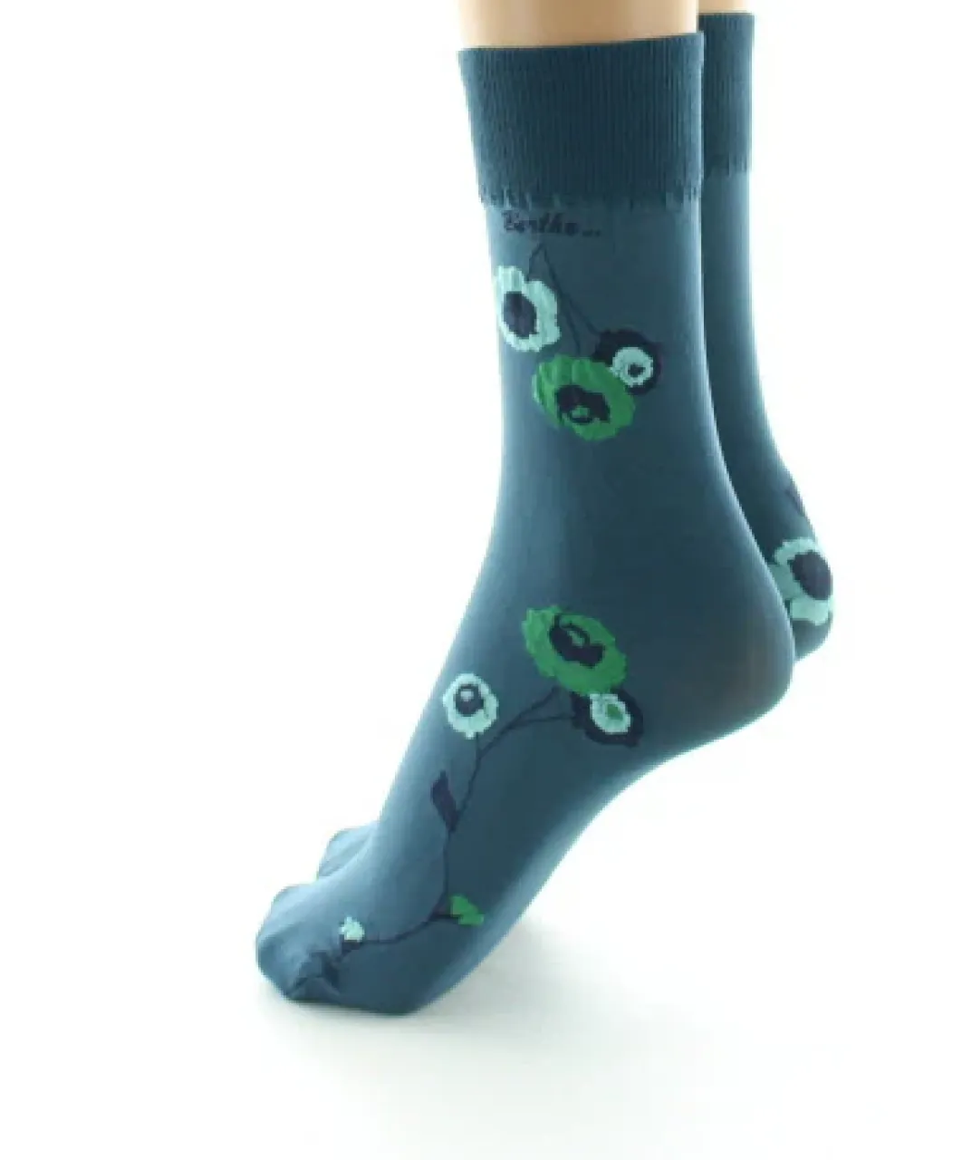 Outlet Berthe Aux Grands Pieds Mi-chaussettes 40D pétrole Fleurs vertes et bleues