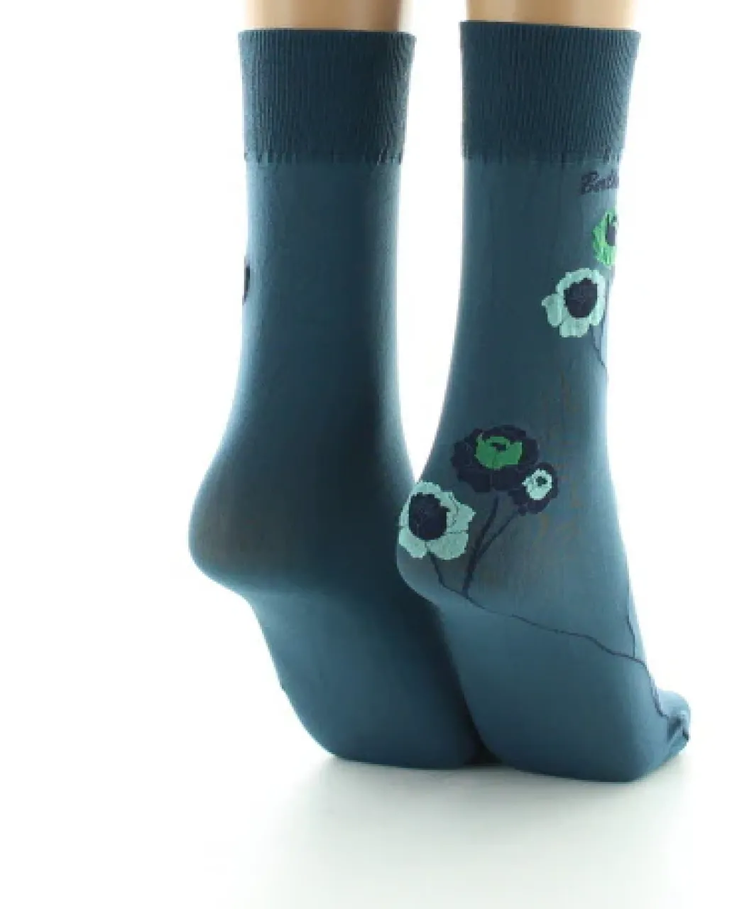 Outlet Berthe Aux Grands Pieds Mi-chaussettes 40D pétrole Fleurs vertes et bleues