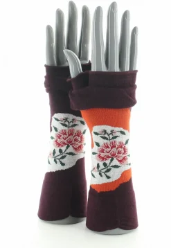 Clearance Berthe Aux Grands Pieds Mitaines femme coton fleurs sur fond orange et bordeaux