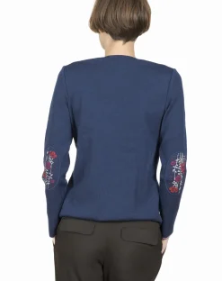 Best Berthe Aux Grands Pieds Pull col V femme mérinos bleu royal fleurs d'automne