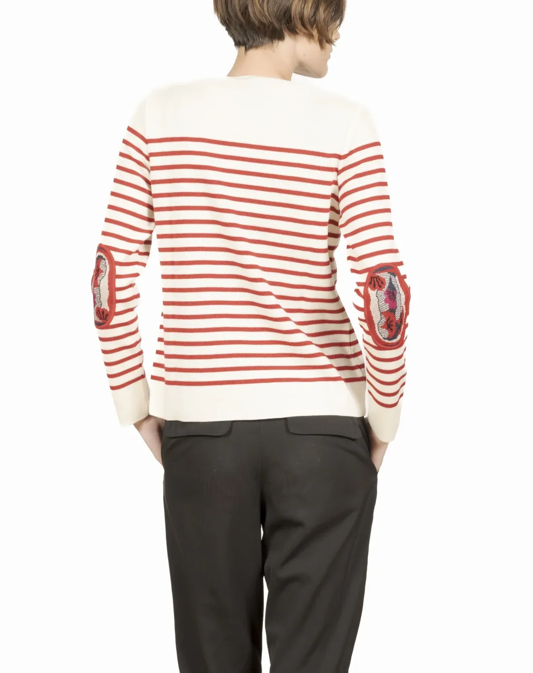 Discount Berthe Aux Grands Pieds Pull col V femme mérinos écru rayé rouge coquelicot