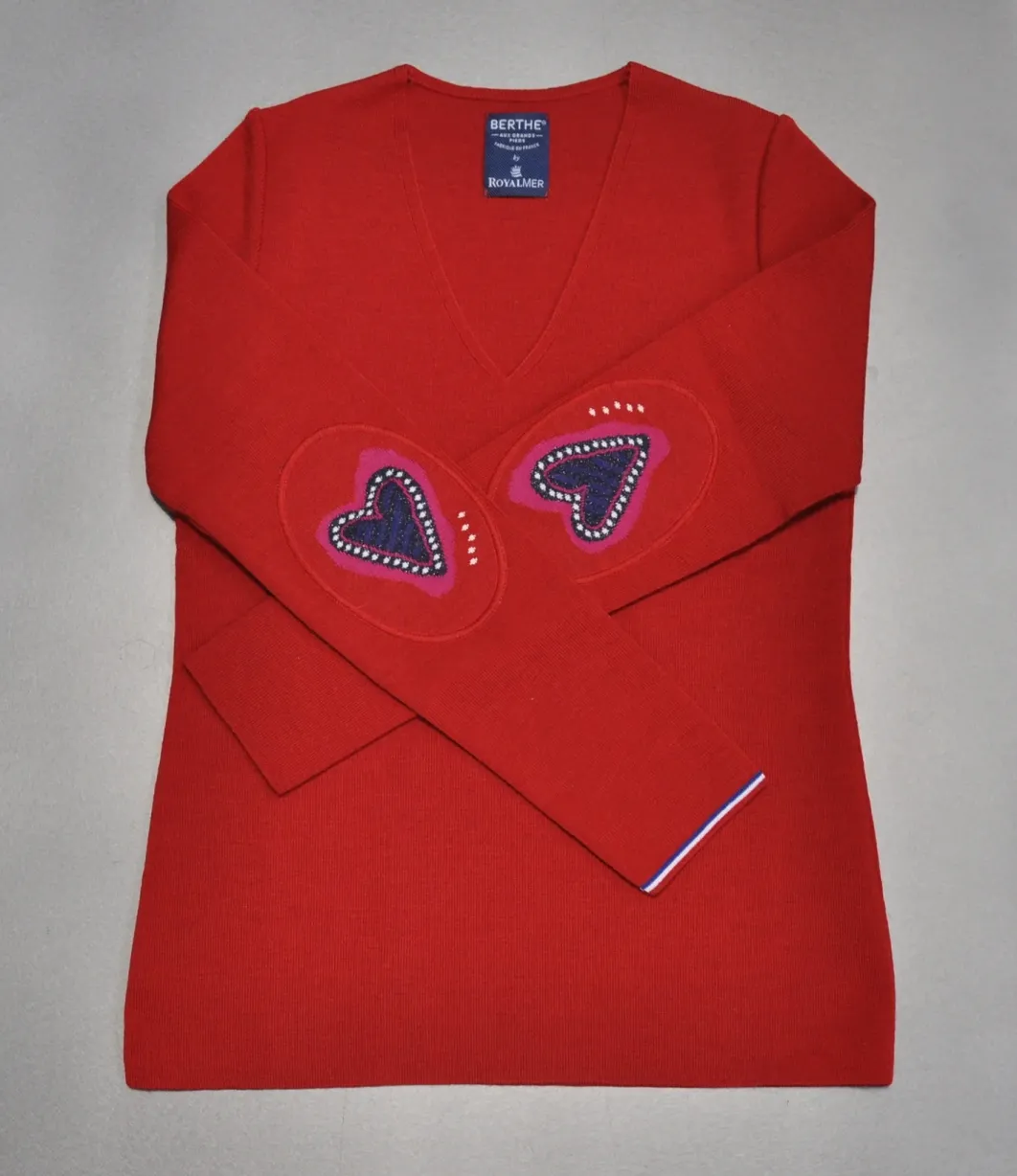 Sale Berthe Aux Grands Pieds Pull col V femme mérinos rouge cœur