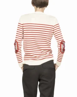 Clearance Berthe Aux Grands Pieds Pull marin femme mérinos écru rayé rouge coquelicot