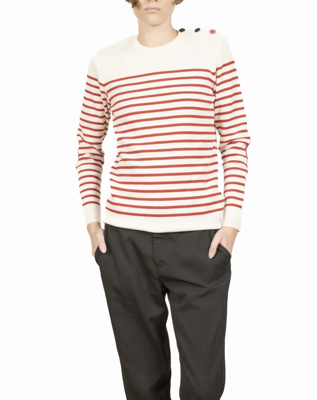 Clearance Berthe Aux Grands Pieds Pull marin femme mérinos écru rayé rouge coquelicot