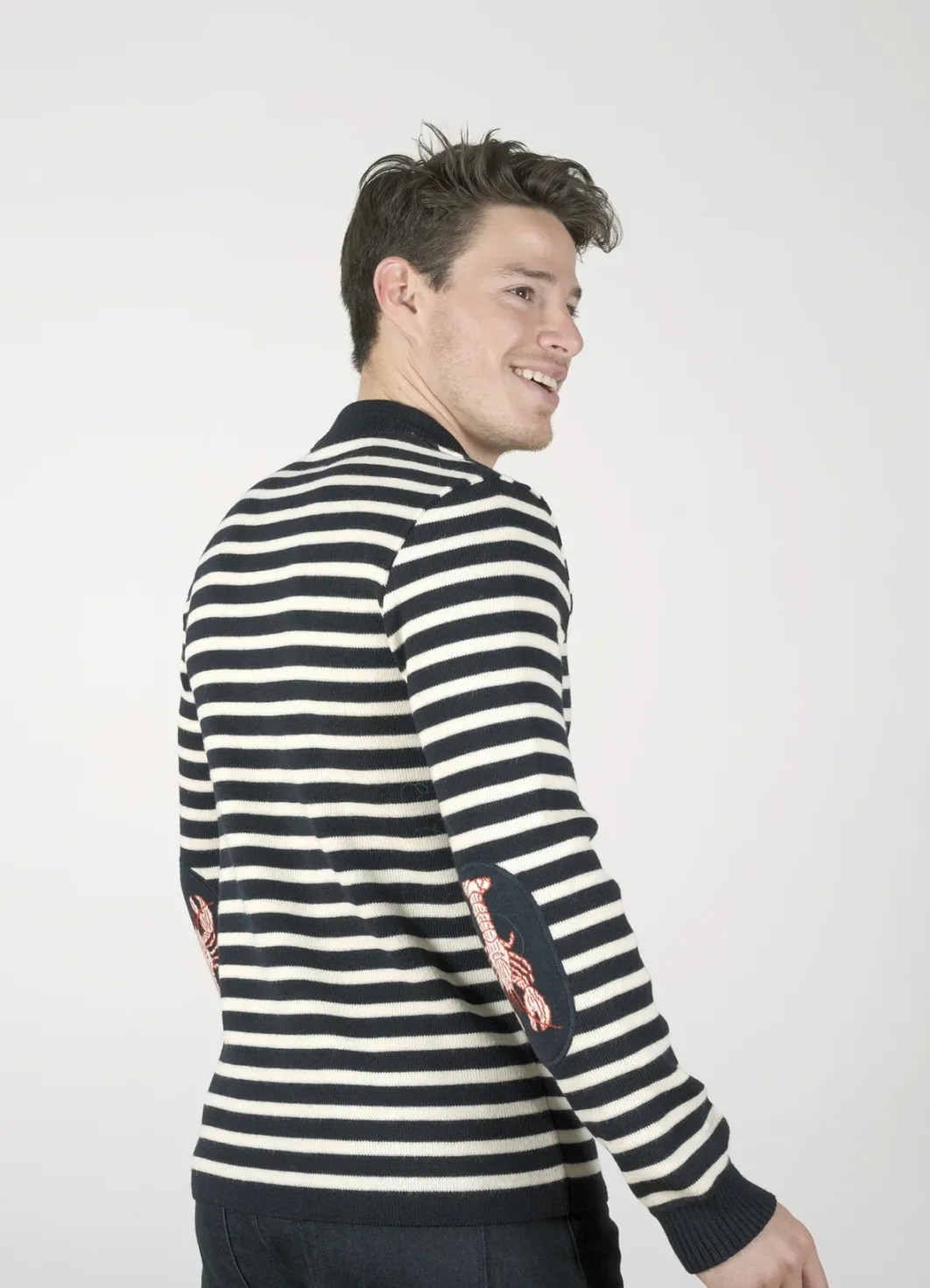 Clearance Berthe Aux Grands Pieds Pull Marin Homme Homard rayée écru et marine