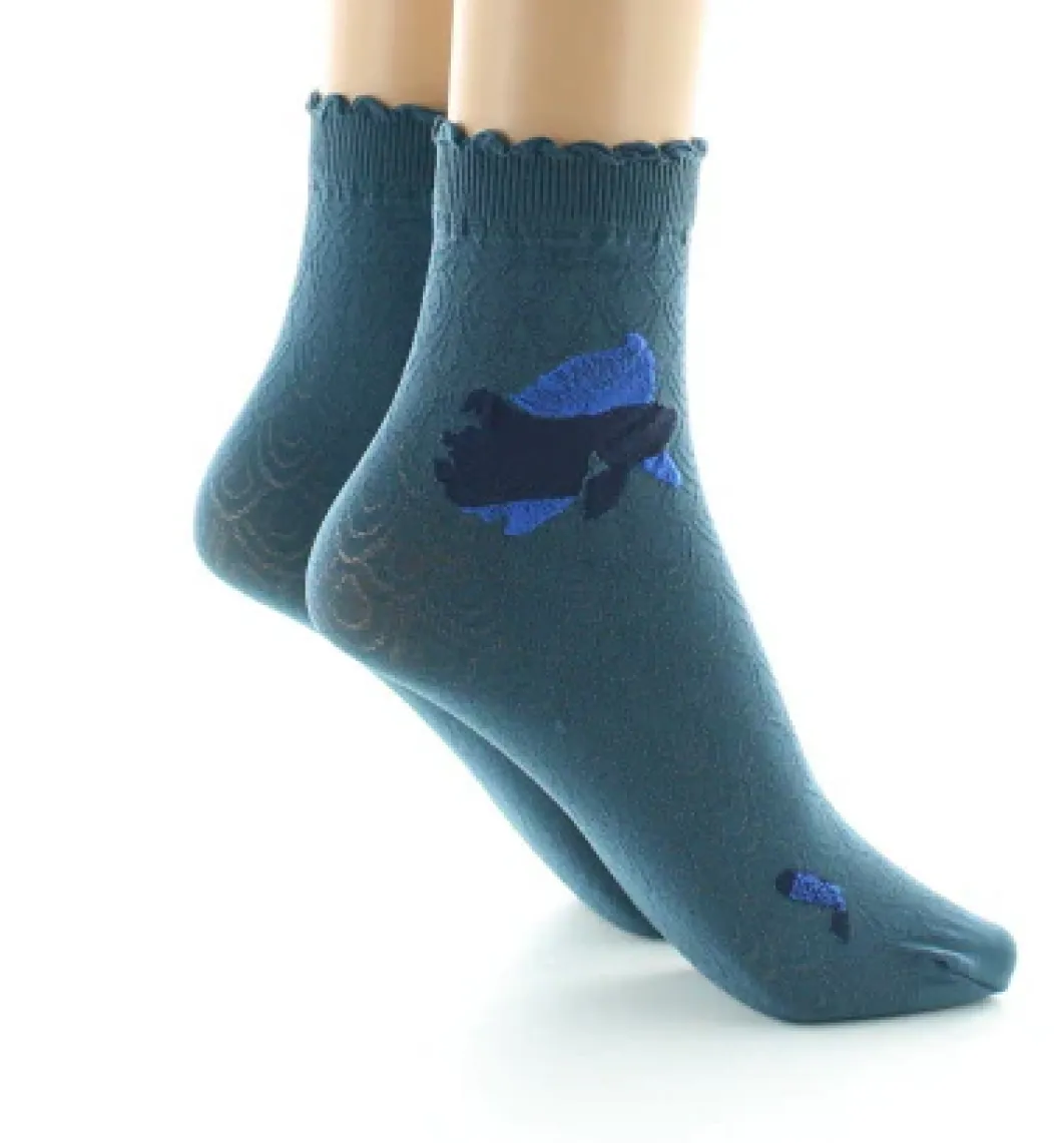 Hot Berthe Aux Grands Pieds Socquettes femme 40D poissons pétrole et bleu