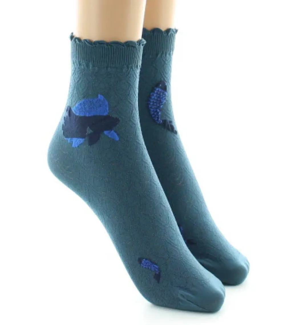 Hot Berthe Aux Grands Pieds Socquettes femme 40D poissons pétrole et bleu